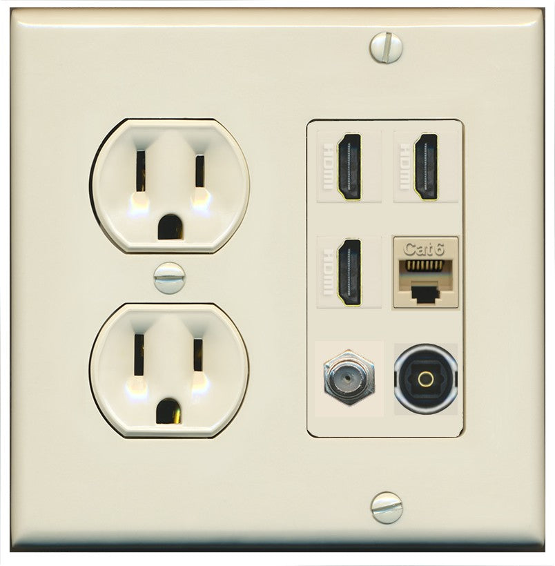 RiteAV 3 Port HDMI 1 Coax TV F-Type Cat6 Ethernet Toslink Optical Wall Plate - Round Outlet [Light-Almond]