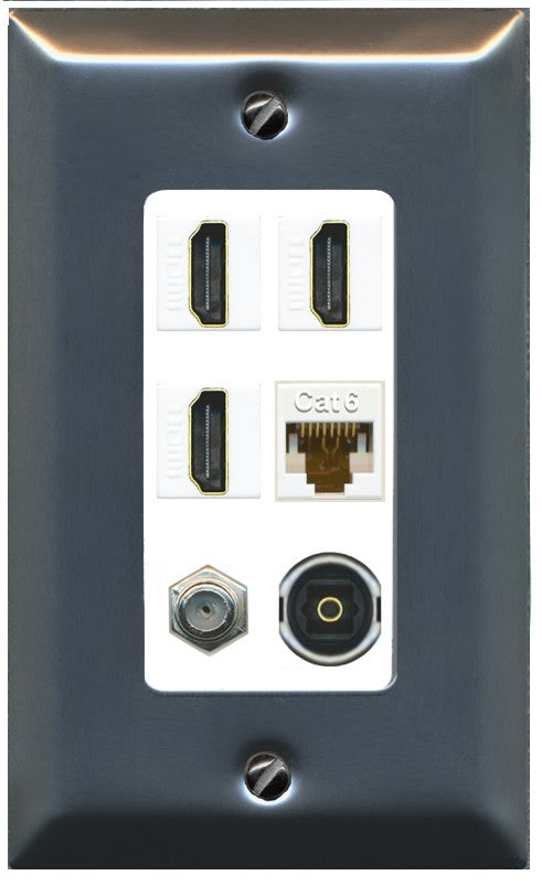 RiteAV 3 Port HDMI 1 Coax TV F-Type Cat6 Ethernet Toslink Optical Wall Plate - 1 Gang Decorative [Stainless/White]
