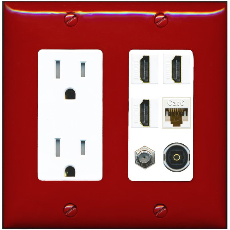RiteAV 3 Port HDMI 1 Coax TV F-Type Cat6 Ethernet Toslink Optical Wall Plate - Tamper-Resistant Outlet [Red/White]