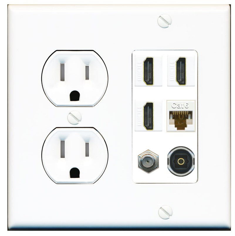 RiteAV 3 Port HDMI 1 Coax TV F-Type Cat6 Ethernet Toslink Optical Wall Plate - Tamper Resistant Outlet [Round White]