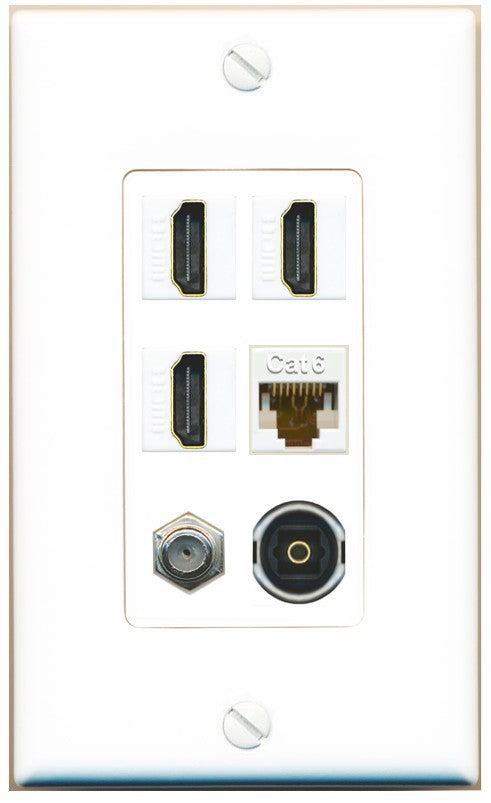 RiteAV 3 Port HDMI 1 Coax TV F-Type Cat6 Ethernet Toslink Optical Wall Plate - 1 Gang Decorative [White]