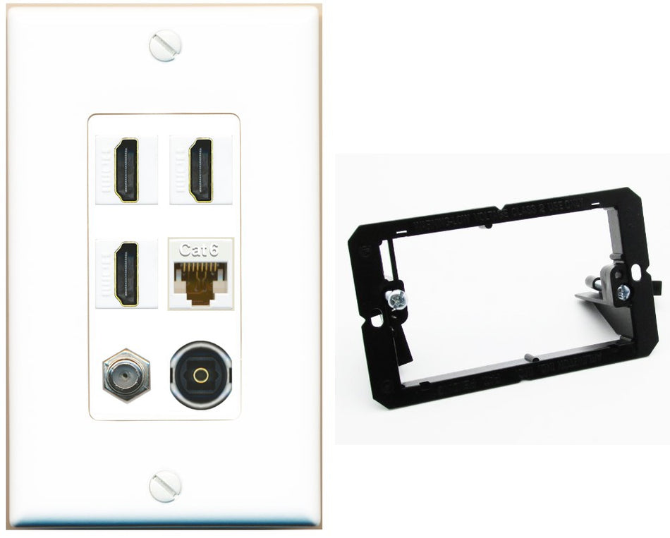 RiteAV 3 Port HDMI 1 Coax TV F-Type Cat6 Ethernet Toslink Optical Wall Plate - Bracket [White]