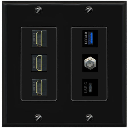 RiteAV 3 HDMI USB3 USBC Coax Wall Plate - 2 Gang [Black/Black]