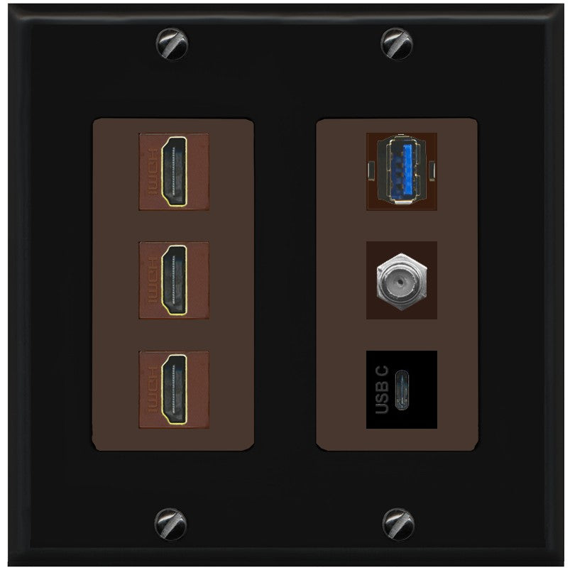 RiteAV 3 HDMI USB3 USBC Coax Wall Plate - 2 Gang [Black/Brown]