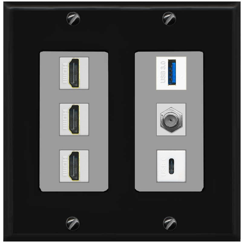 RiteAV 3 HDMI USB3 USBC Coax Wall Plate - 2 Gang [Black/Gray]