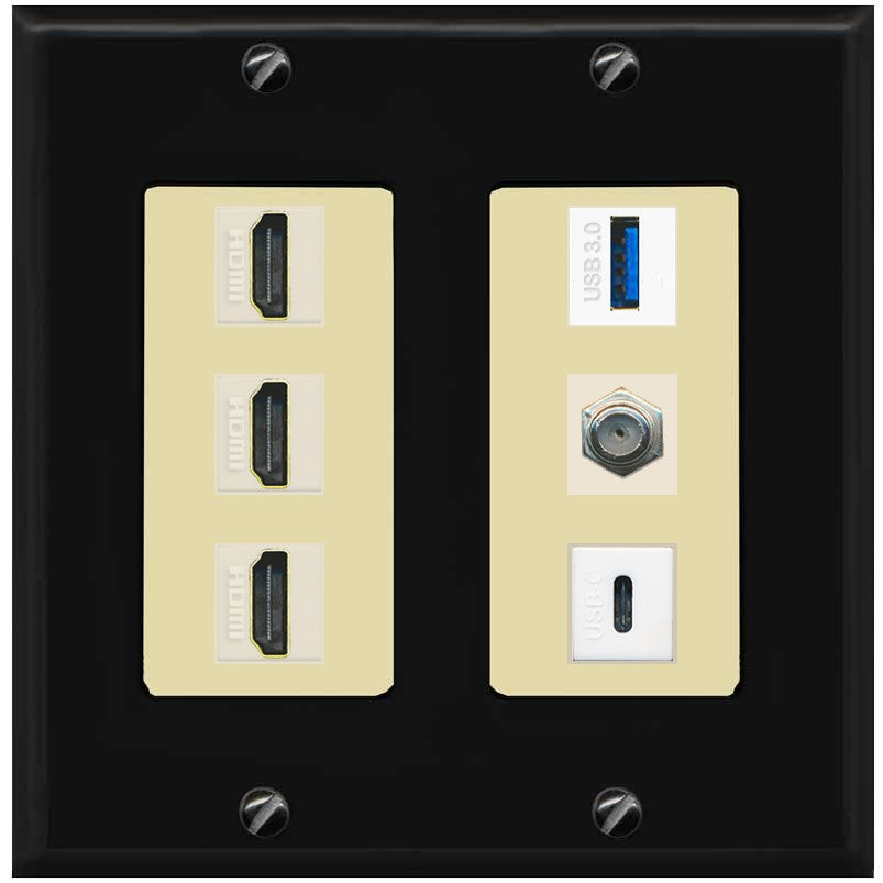 RiteAV 3 HDMI USB3 USBC Coax Wall Plate - 2 Gang [Black/Ivory]