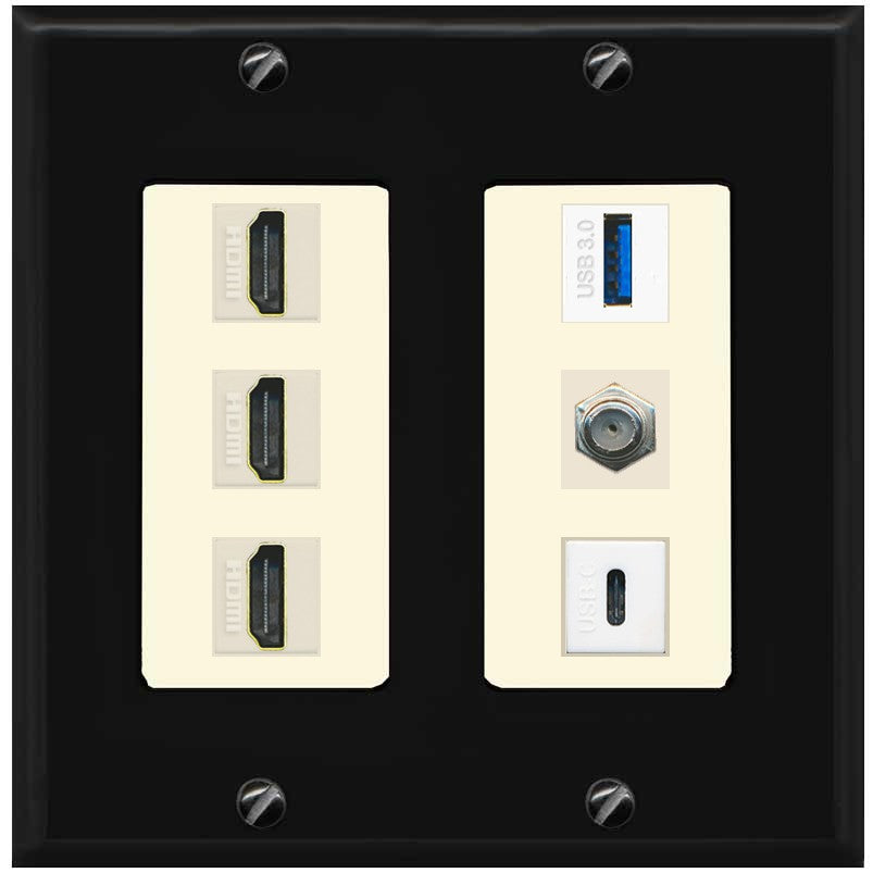 RiteAV 3 HDMI USB3 USBC Coax Wall Plate - 2 Gang [Black/Light-Almond]
