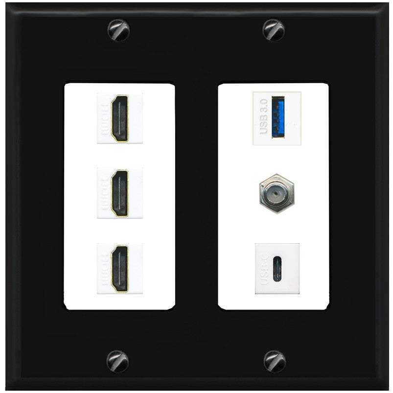 RiteAV 3 HDMI USB3 USBC Coax Wall Plate - 2 Gang [Black/White]
