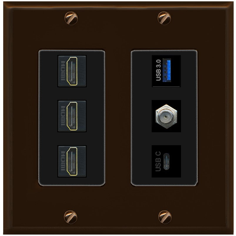 RiteAV 3 HDMI USB3 USBC Coax Wall Plate - 2 Gang [Brown/Black]
