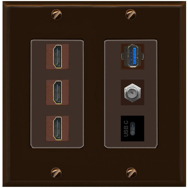 RiteAV 3 HDMI USB3 USBC Coax Wall Plate - 2 Gang [Brown/Brown]