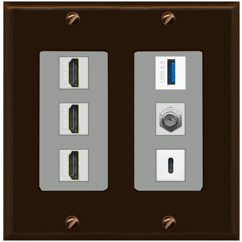 RiteAV 3 HDMI USB3 USBC Coax Wall Plate - 2 Gang [Brown/Gray]