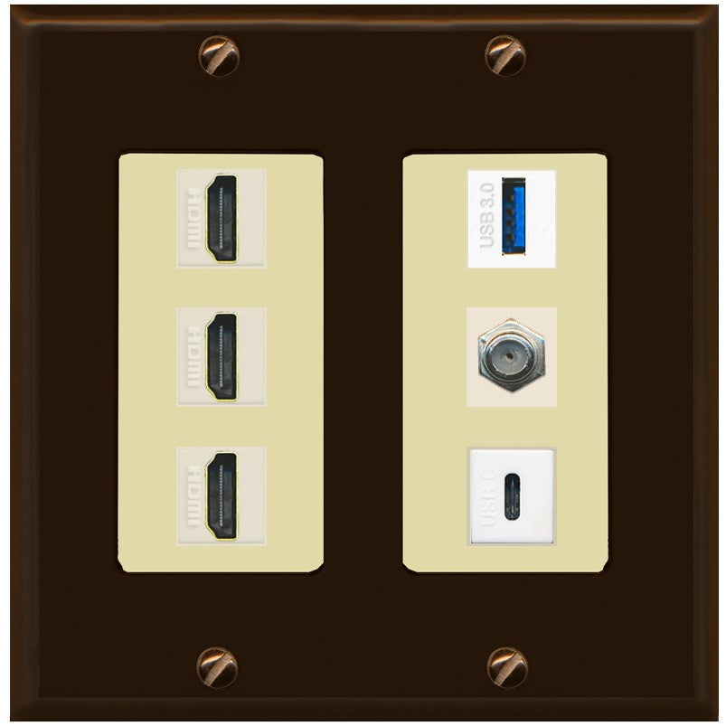 RiteAV 3 HDMI USB3 USBC Coax Wall Plate - 2 Gang [Brown/Ivory]