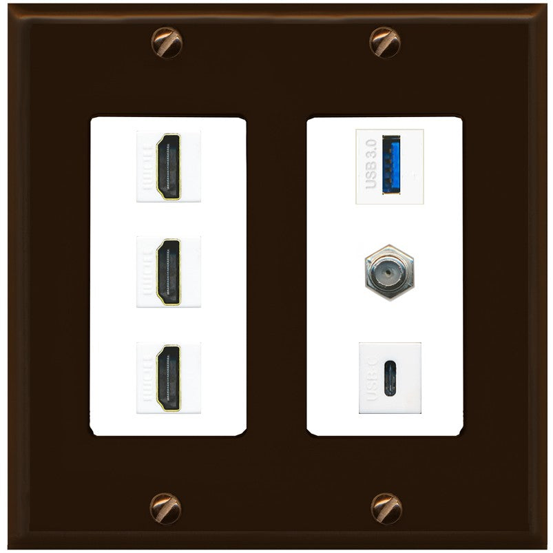RiteAV 3 HDMI USB3 USBC Coax Wall Plate - 2 Gang [Brown/White]