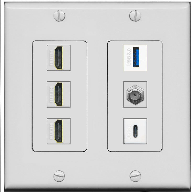 RiteAV 3 HDMI USB3 USBC Coax Wall Plate - 2 Gang [Gray/Gray]