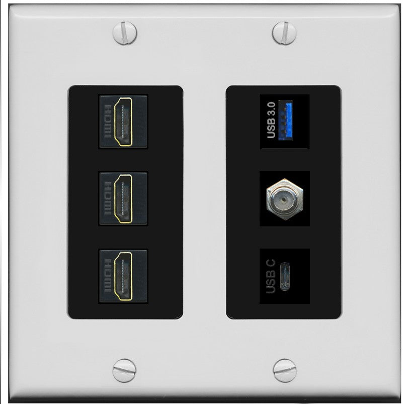 RiteAV 3 HDMI USB3 USBC Coax Wall Plate - 2 Gang [Gray/Black]