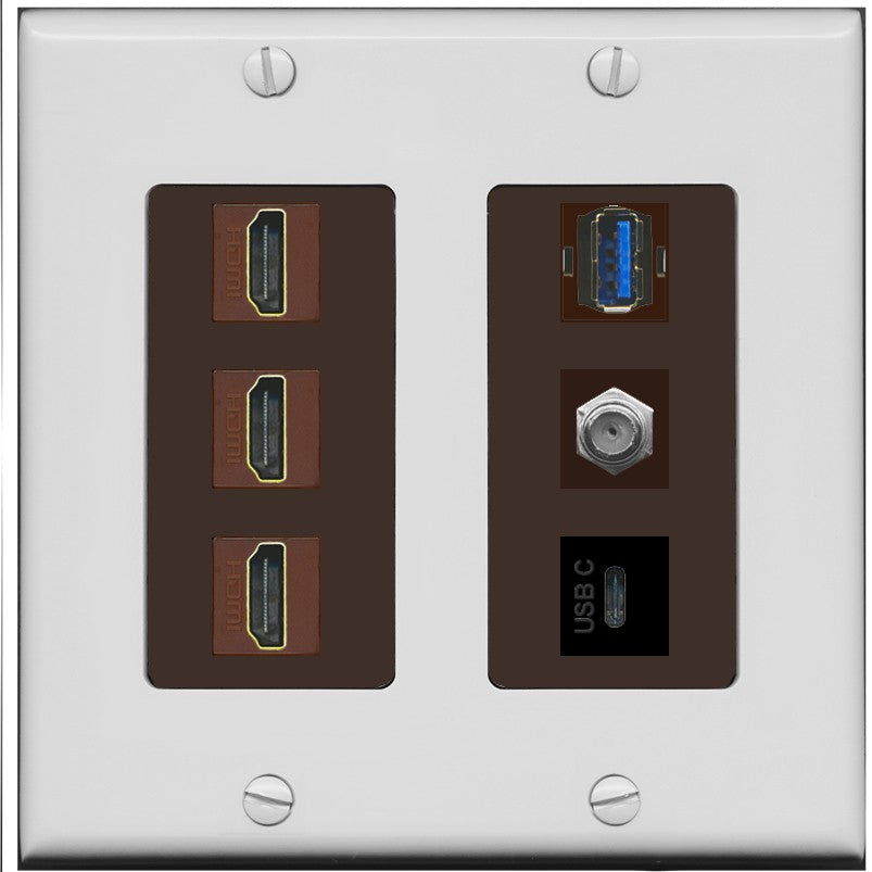 RiteAV 3 HDMI USB3 USBC Coax Wall Plate - 2 Gang [Gray/Brown]