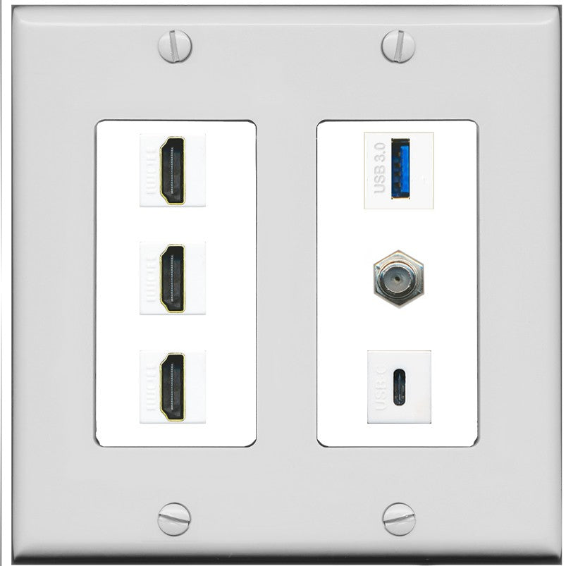 RiteAV 3 HDMI USB3 USBC Coax Wall Plate - 2 Gang [Gray/White]