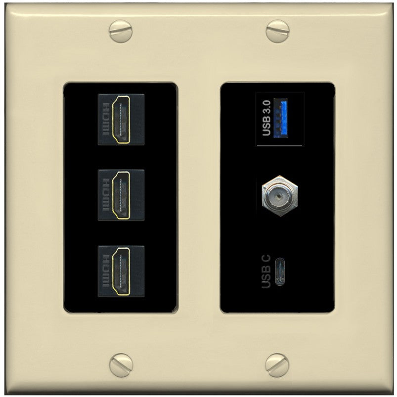 RiteAV 3 HDMI USB3 USBC Coax Wall Plate - 2 Gang [Ivory/Black]