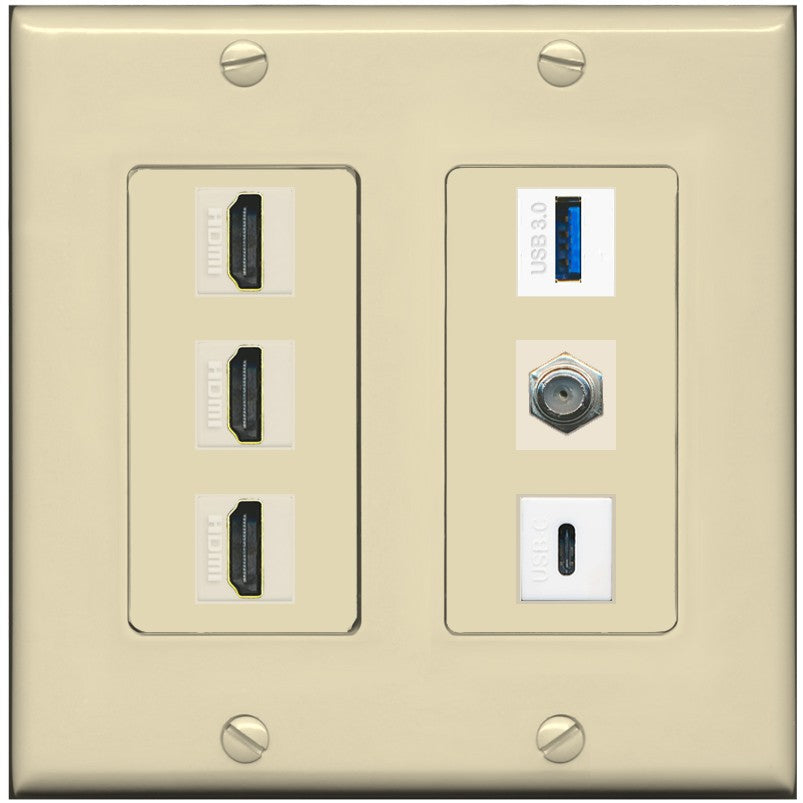 RiteAV 3 HDMI USB3 USBC Coax Wall Plate - 2 Gang [Ivory/Ivory]