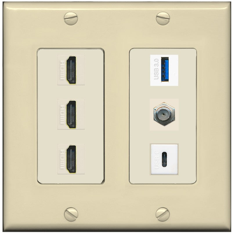 RiteAV 3 HDMI USB3 USBC Coax Wall Plate - 2 Gang [Ivory/Light-Almond]