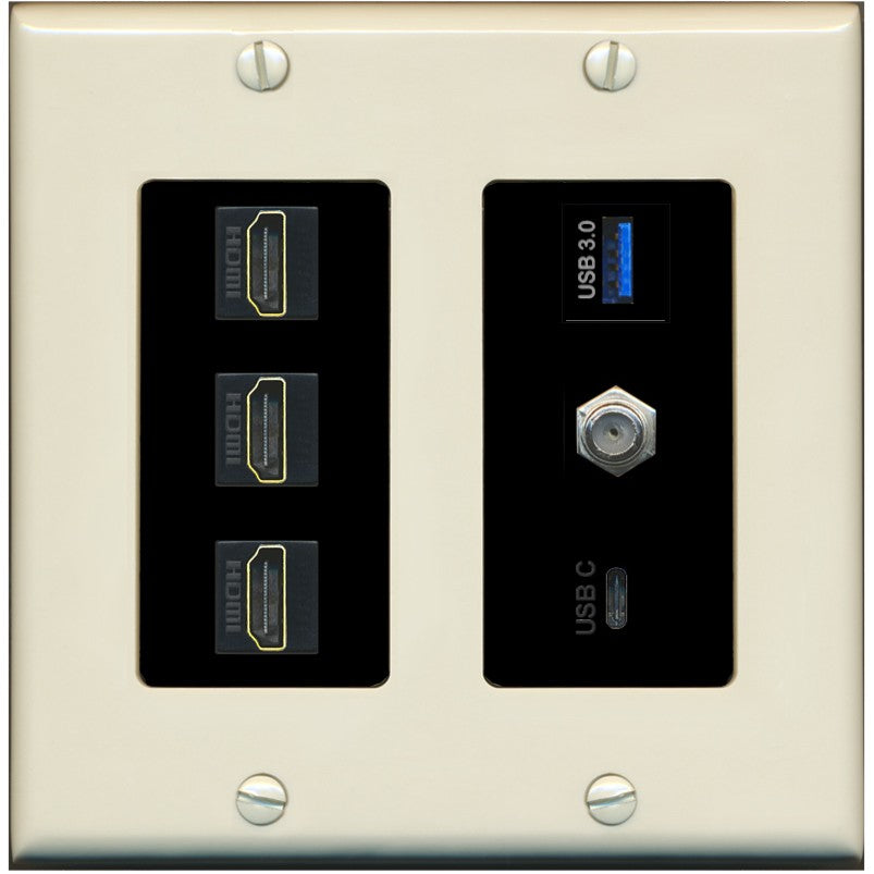 RiteAV 3 HDMI USB3 USBC Coax Wall Plate - 2 Gang [Light-Almond/Black]