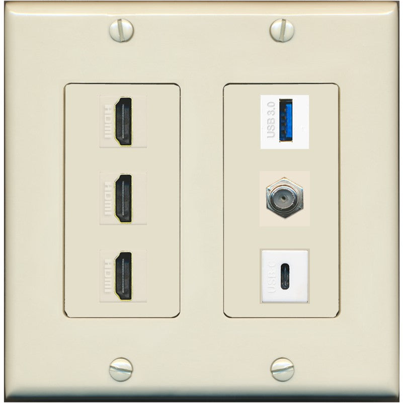 RiteAV 3 HDMI USB3 USBC Coax Wall Plate - 2 Gang [Light-Almond]