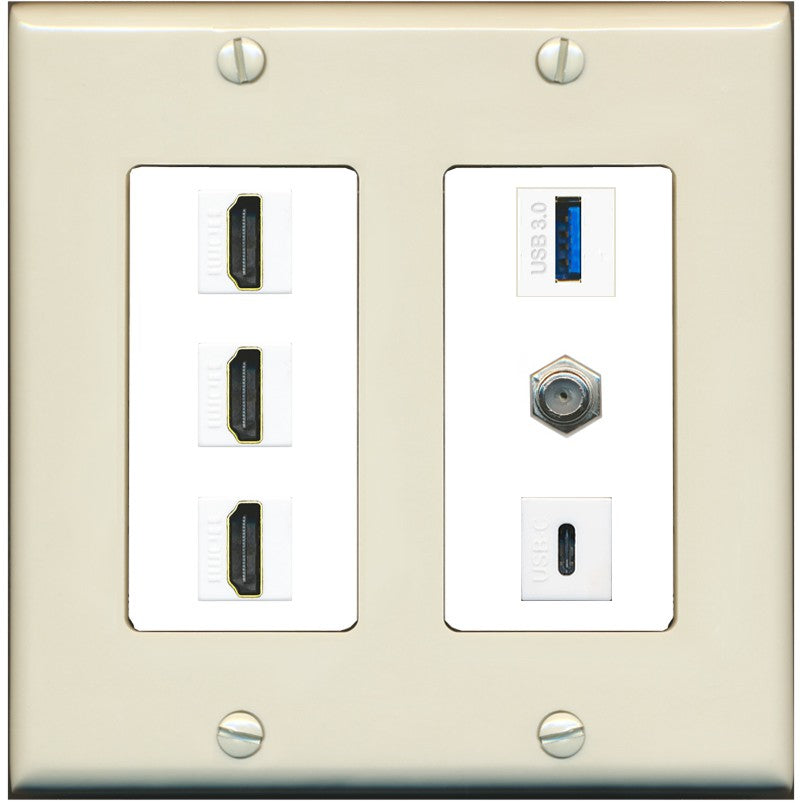RiteAV 3 HDMI USB3 USBC Coax Wall Plate - 2 Gang [Light-Almond/White]