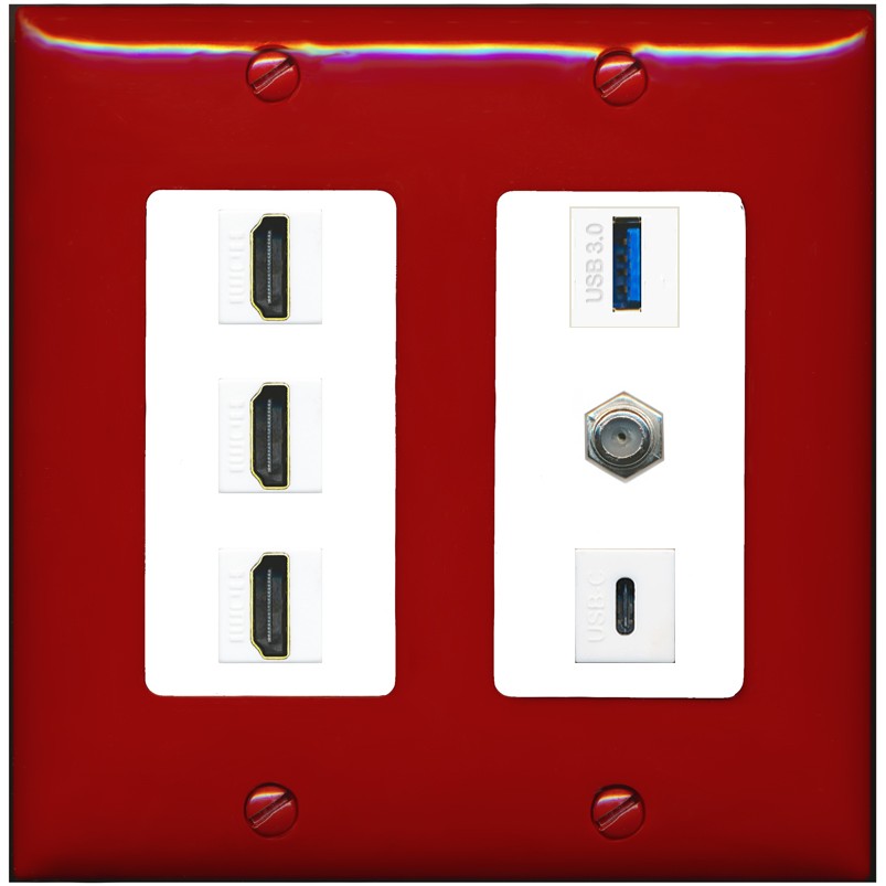 RiteAV 3 HDMI USB3 USBC Coax Wall Plate - 2 Gang [Red/White]