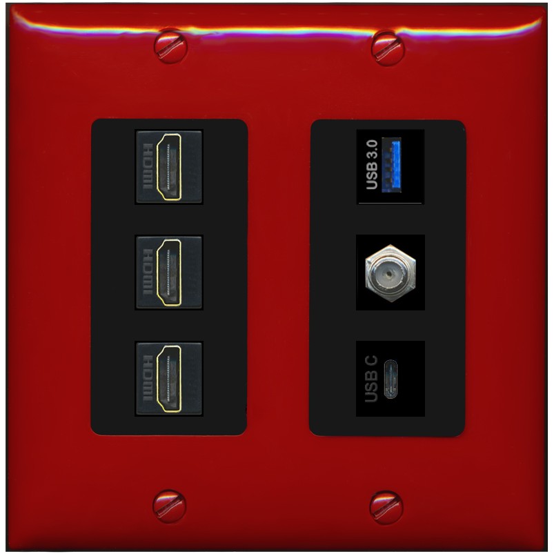 RiteAV 3 HDMI USB3 USBC Coax Wall Plate - 2 Gang [Red/Black]