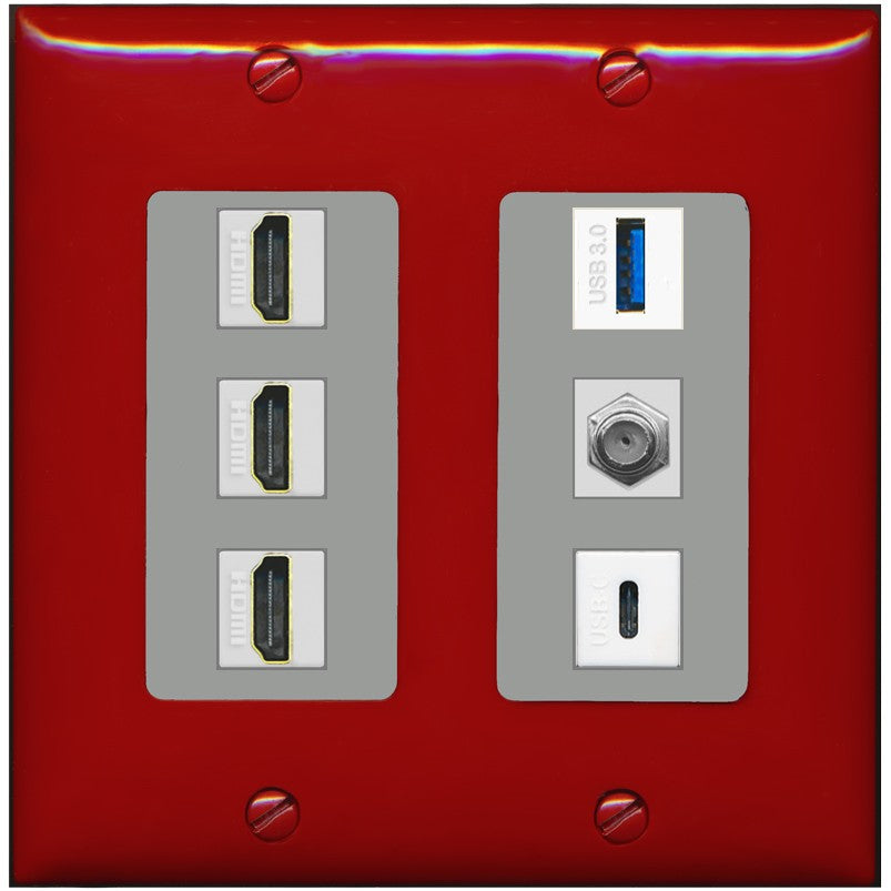 RiteAV 3 HDMI USB3 USBC Coax Wall Plate - 2 Gang [Red/Gray]
