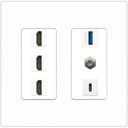 RiteAV 3 HDMI USB3 USBC Coax Wall Plate - 2 Gang [Screwless White]