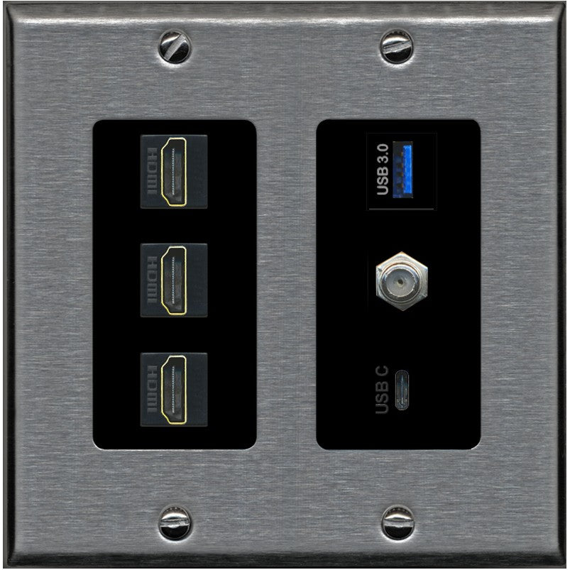 RiteAV 3 HDMI USB3 USBC Coax Wall Plate - 2 Gang [Stainless/Black]
