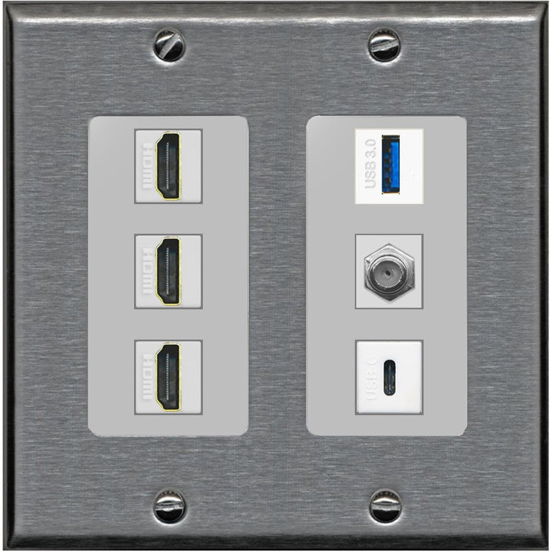 RiteAV 3 HDMI USB3 USBC Coax Wall Plate - 2 Gang [Stainless/Gray]