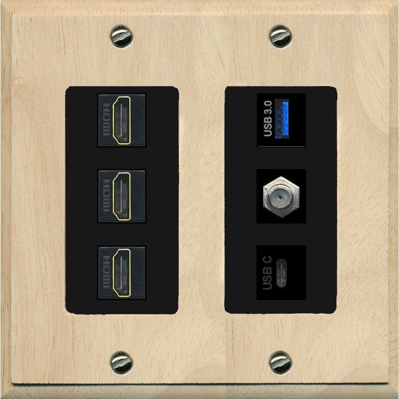 RiteAV 3 HDMI USB3 USBC Coax Wall Plate - 2 Gang [Wood/Black]