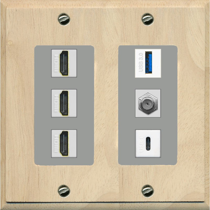 RiteAV 3 HDMI USB3 USBC Coax Wall Plate - 2 Gang [Wood/Gray]
