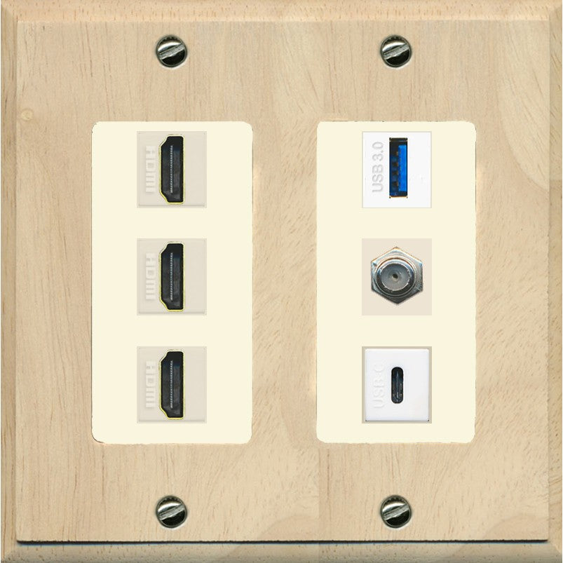 RiteAV 3 HDMI USB3 USBC Coax Wall Plate - 2 Gang [Wood/Light-Almond]