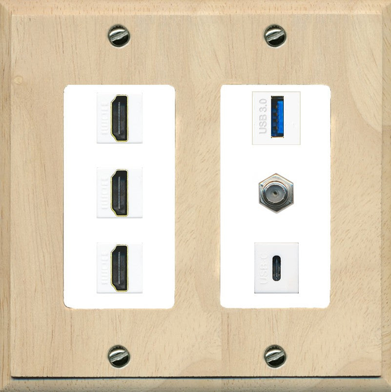 RiteAV 3 HDMI USB3 USBC Coax Wall Plate - 2 Gang [Wood/White]