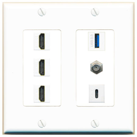 RiteAV 3 HDMI USB3 USBC Coax Wall Plate - 2 Gang [White]