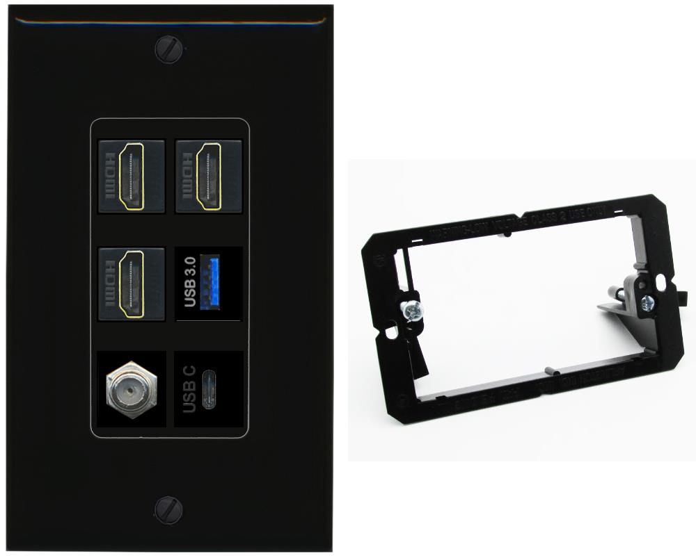 RiteAV 3 HDMI USB3 USBC Coax Wall Plate - Bracket [Black/Black]