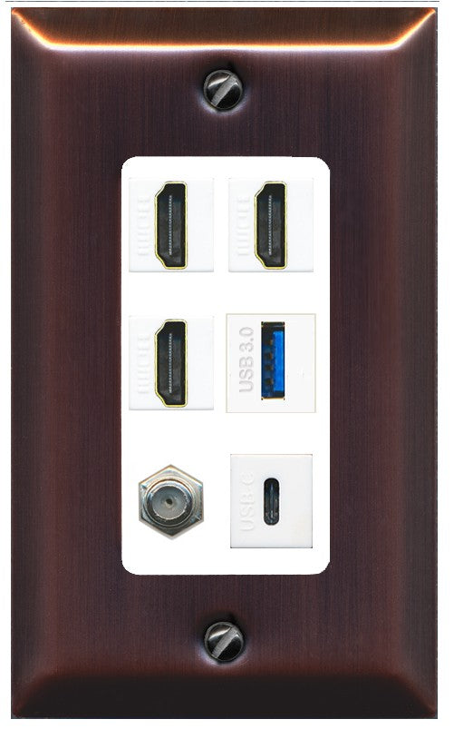 RiteAV 3 HDMI USB3 USBC Coax Wall Plate - 1 Gang Decorative [Brushed-Copper/White]