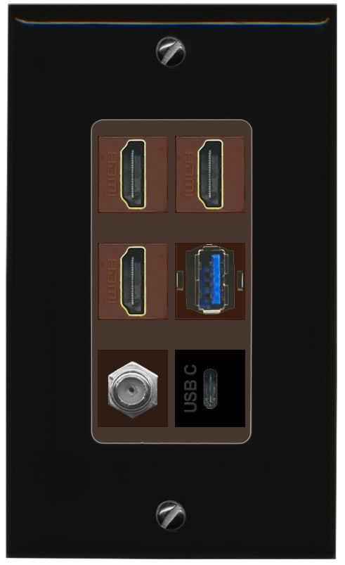 RiteAV 3 HDMI USB3 USBC Coax Wall Plate - 1 Gang Decorative [Black/Brown]
