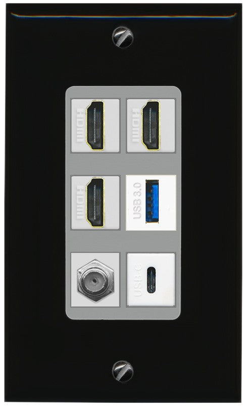 RiteAV 3 HDMI USB3 USBC Coax Wall Plate - 1 Gang Decorative [Black/Gray]
