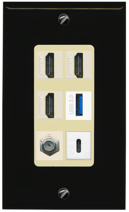 RiteAV 3 HDMI USB3 USBC Coax Wall Plate - 1 Gang Decorative [Black/Ivory]