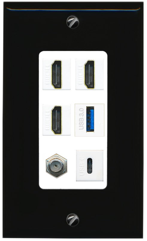 RiteAV 3 HDMI USB3 USBC Coax Wall Plate - 1 Gang Decorative [Black/White]