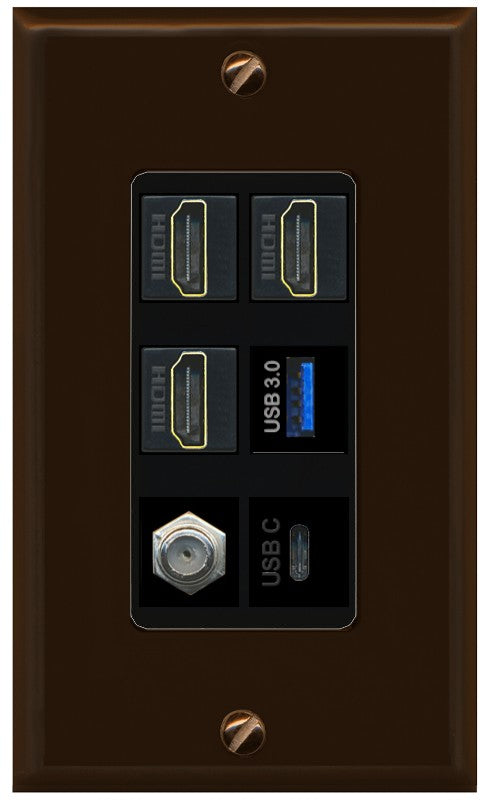 RiteAV 3 HDMI USB3 USBC Coax Wall Plate - 1 Gang Decorative [Brown/Black]