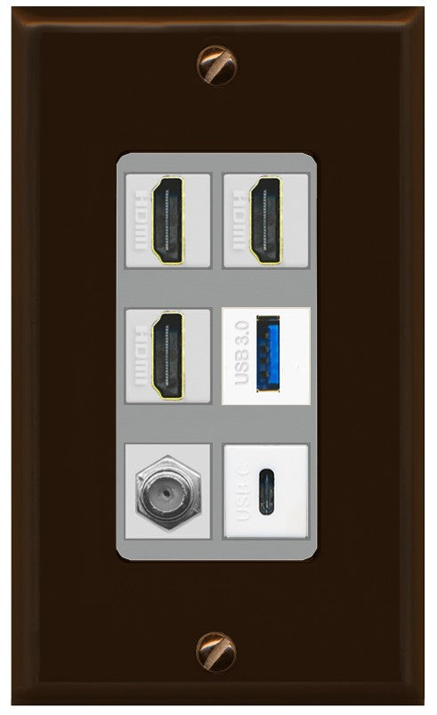 RiteAV 3 HDMI USB3 USBC Coax Wall Plate - 1 Gang Decorative [Brown/Gray]