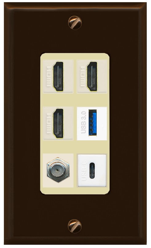 RiteAV 3 HDMI USB3 USBC Coax Wall Plate - 1 Gang Decorative [Brown/Ivory]