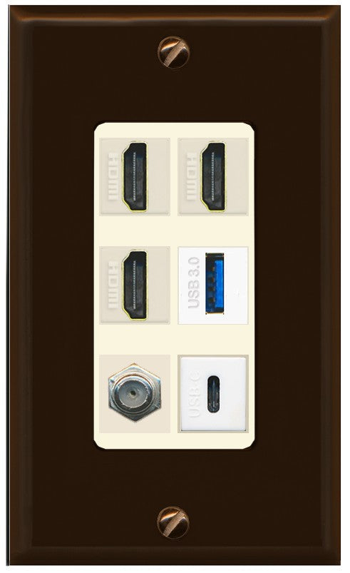 RiteAV 3 HDMI USB3 USBC Coax Wall Plate - 1 Gang Decorative [Brown/Light-Almond]