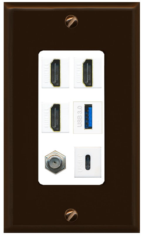 RiteAV 3 HDMI USB3 USBC Coax Wall Plate - 1 Gang Decorative [Brown/White]