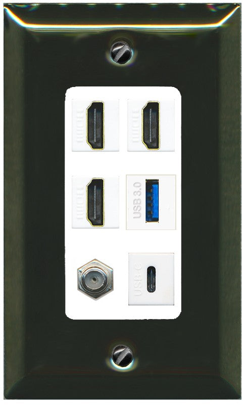 RiteAV 3 HDMI USB3 USBC Coax Wall Plate - 1 Gang Decorative [Brass/White]